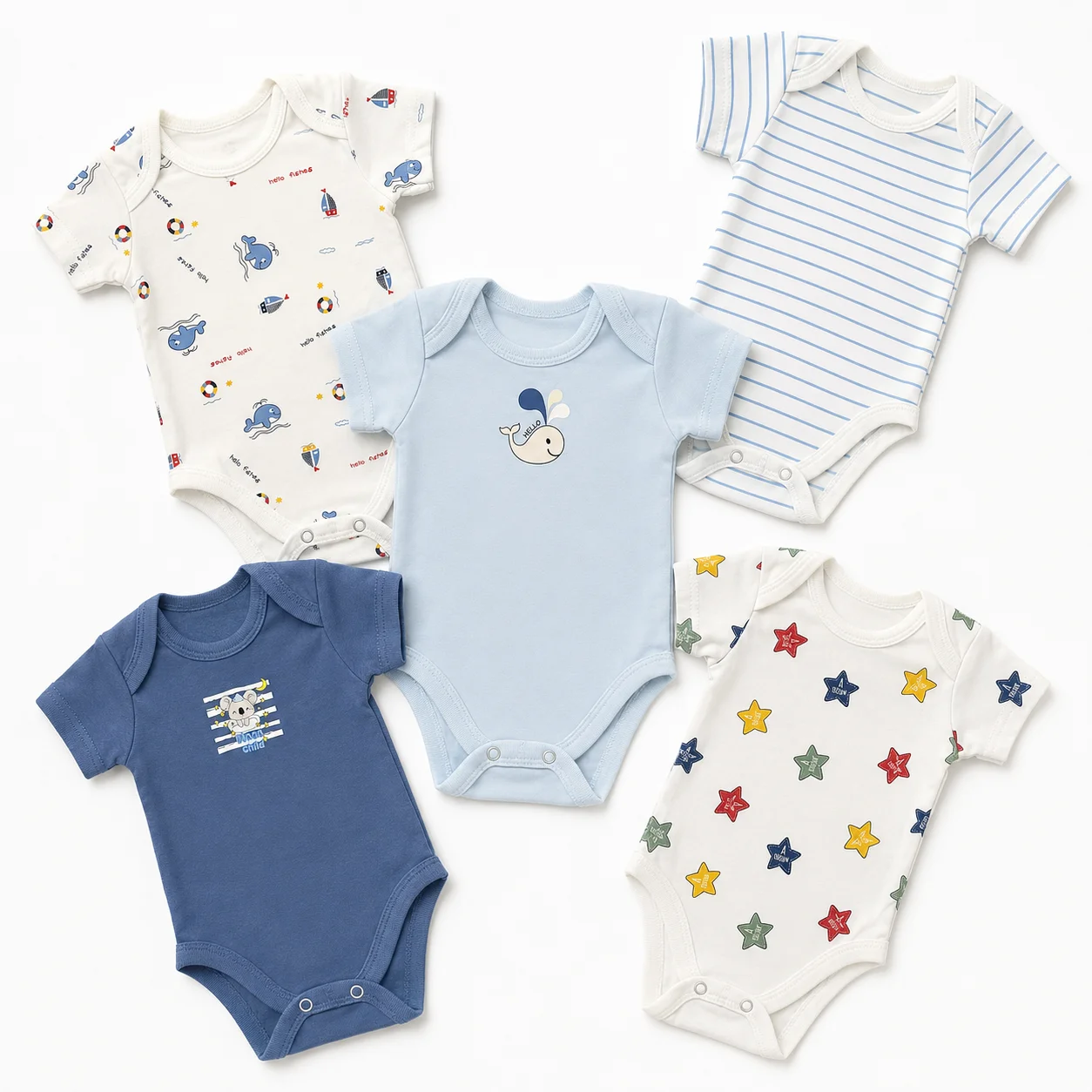 Baby bodysuits blue and white stripe, pack of 5, Kilkari