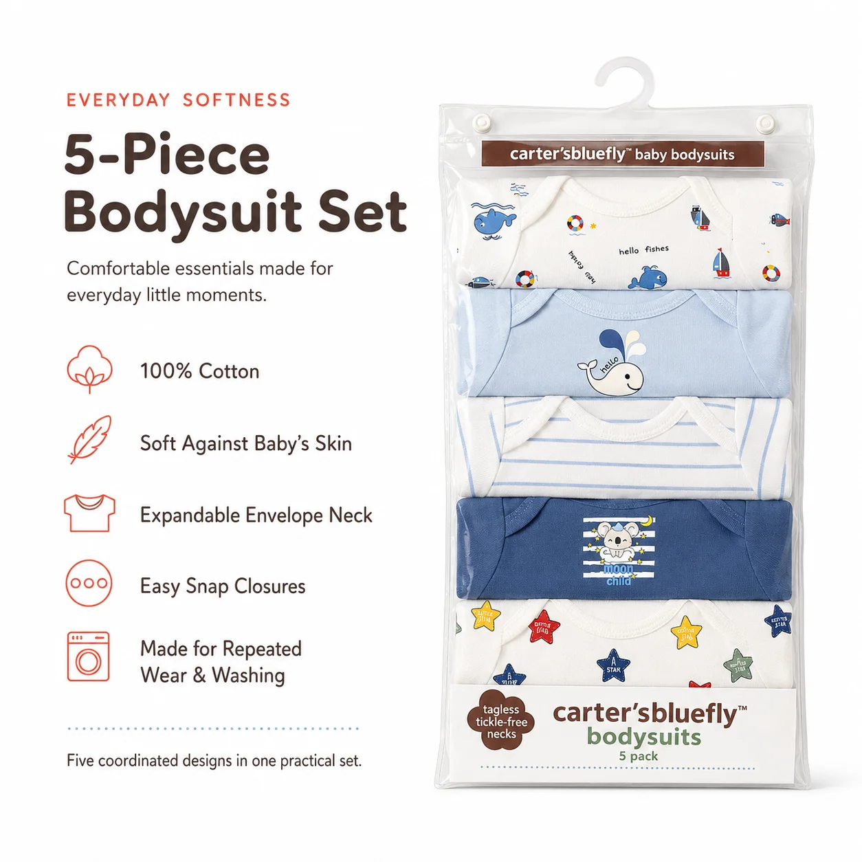 Imported 5-Piece Baby Bodysuit Set, blue star print, Kilkari