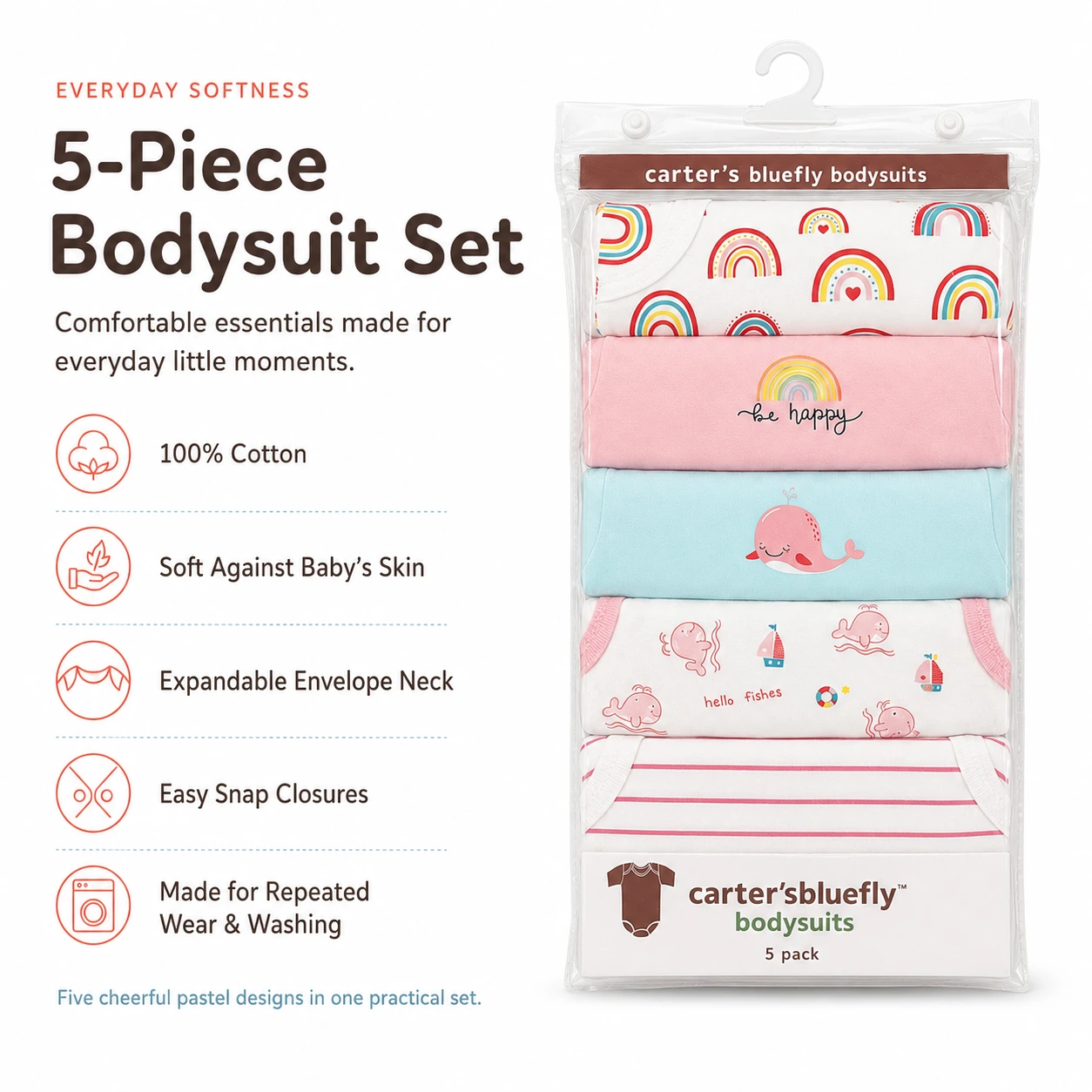 5-Piece Baby Bodysuit Set packaging, pink and teal, Kilkari